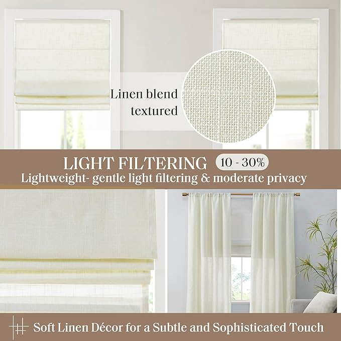 Madison Park Kyler Cordless Roman Shades - Single Panel, Lightweight Linen Blend Fabric, Natural Design, Easy Installation, Light Filtering Window Blind, Bedroom, Living Room Decor 27"W x 64"L Ivory