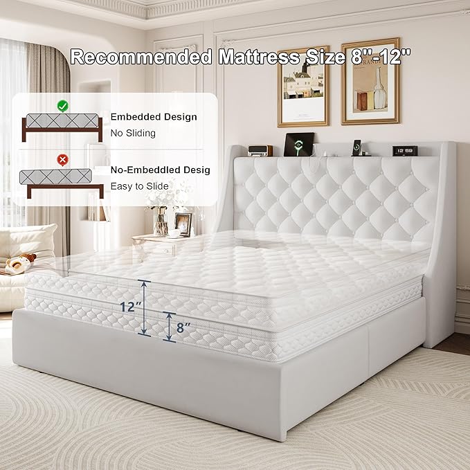 Queen Size Bed Frame with 4 Storage Drawers & Charging Station, Linen Upholstered Platform Bedframe, Button Tufted Wingback Headboard, Sturdy Wooden Slats, No Box Spring Needed, White