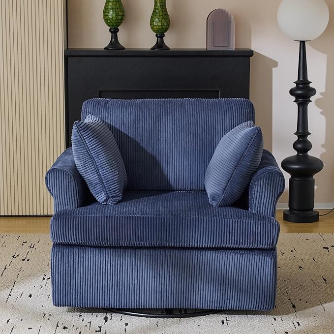 Karl home 39" Swivel Accent Chair,Oversized Seat Armchair W/2 Pillows and 4 Pockets,Modern Upholstered Corduroy Barrel Chair,Comfy Single Sofa for Living Room,Reading,Bedroom and Office-Dark Blue