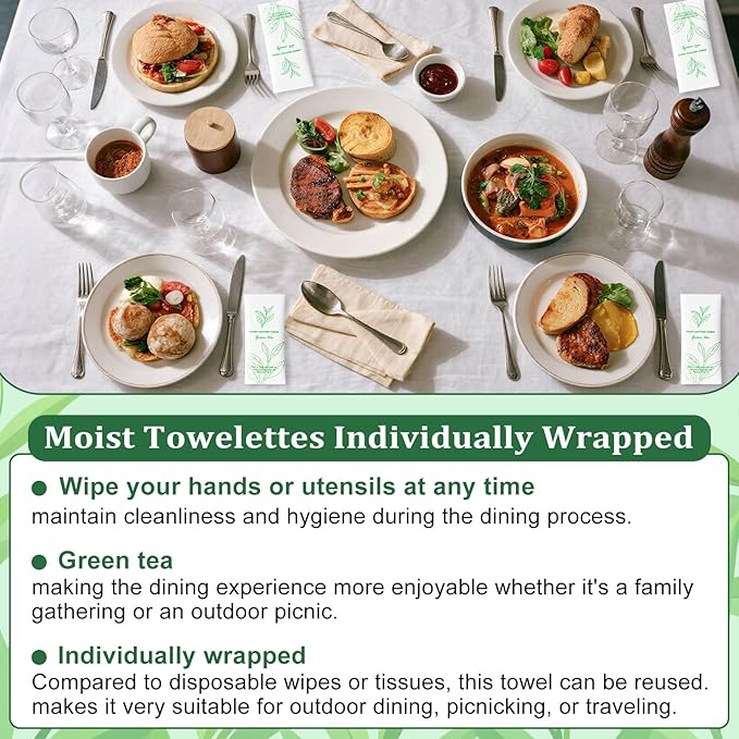 Moist Cotton Towel Bulk Moist Towelettes Individually Wrapped,White Towel Services,Refreshment Pre Moistened Towels for Dentist Travel Sport Party Hotel 200，Green tea