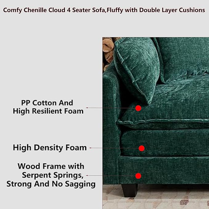 Aoowow Modular Sectional 4 Seater Cloud Sofa Couch for Living Room,149.6" Cloud Sofas with Deep Seat,Modern Chenille 4 Seat Sofas,Fluffy Cloud Couches for Bedroom,Office,Hotel (Green, 4 Seater)