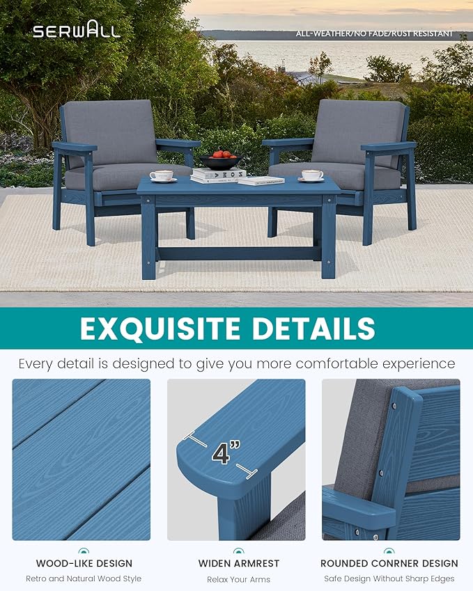 SERWALL HDPE Outdoor Couch Set of 2, Blue Frame and Grey Cushion