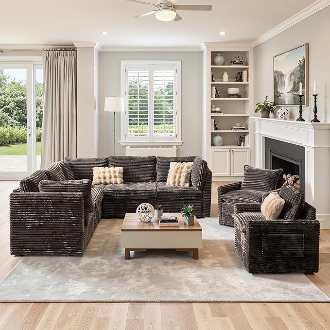 98" Modular Sofa with Swivel Chairs, Modern L Shape Cloud Sectional Couch Plush Corduroy 5 Seater Deep Seat Sofas Set & Accent Armchair Set of 2 for Living Room, Gray