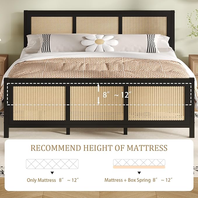 Rattan Full Bed Frame, Boho Full Size Bed Frame with Headboard, Metal Platform Bed Frames Full with Strong Slats Support, No Box Spring Needed, Noise Free, Easy Assembly, Black