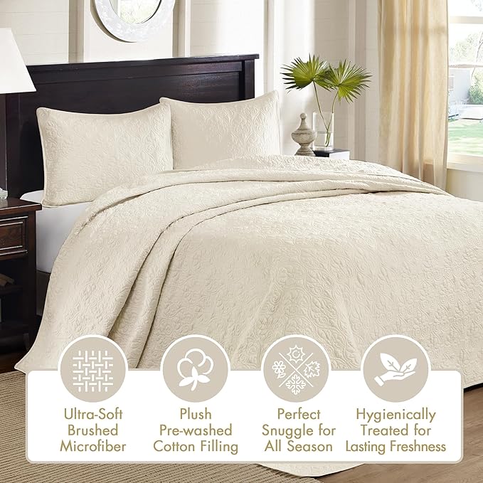 Madison Park Quebec Queen Size Quilt Bedding Set - Ivory , Damask – 3 Piece Bedding Quilt Coverlets – Ultra Soft Microfiber Bed Quilts Quilted Coverlet