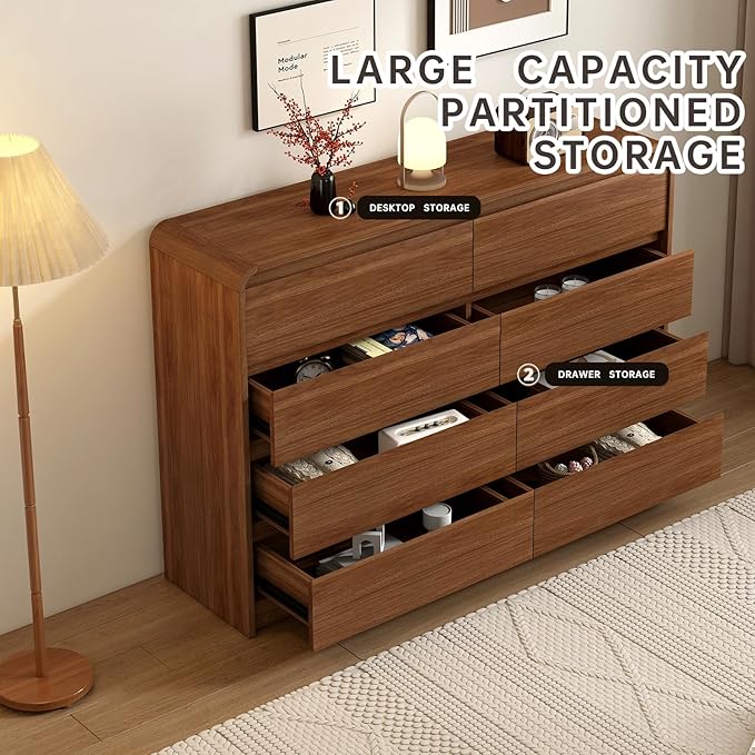 8 Drawer Dresser For Bedroom 55 Inch Wood Chest of Drawers - Curved Anti Collision, Mid Century Dresser For Closet with Natural Texture & Pre-Embedded Slots for TV Stand, Living Room, Nursery