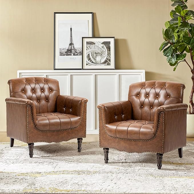 Faux Leather Accent Chair, PU Leather Modern Comfy Upholstered Armchair with Wood Legs & Nailhead Trim for Living Room, Bedroom (Brown,Set of 1)