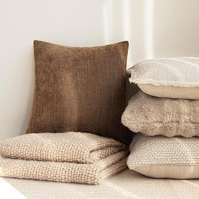 Foindtower Set of 2 Soft Textured Chenille Throw Decorative Pillow Covers Square Accent Solid Cushion Cover Cozy Neutral Farmhouse Pillow Case for Couch Sofa Bedroom Living Room 22x22 Inch,Dark Bronze