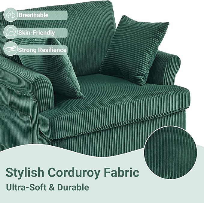 Karl home 39" Swivel Accent Chair,Oversized Seat Armchair W/2 Pillows and 4 Pockets,Modern Upholstered Corduroy Barrel Chairs,Comfy Single Sofa for Living Room,Reading,Bedroom and Office-Dark Green