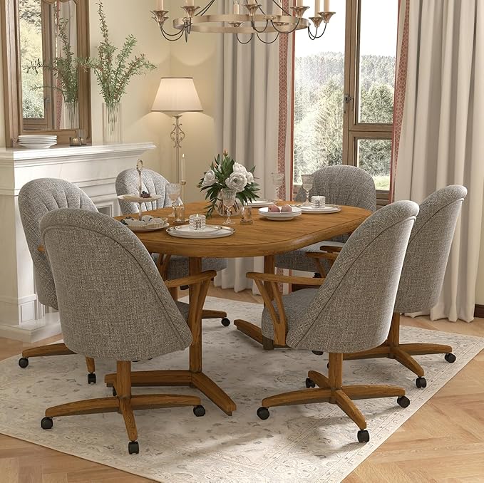 Chromcraft Set of 4 Swivel Tilt Chairs, Luxe Wooden Arm All-Metal Pedestal Base Chairs with Wheels for Kitchen