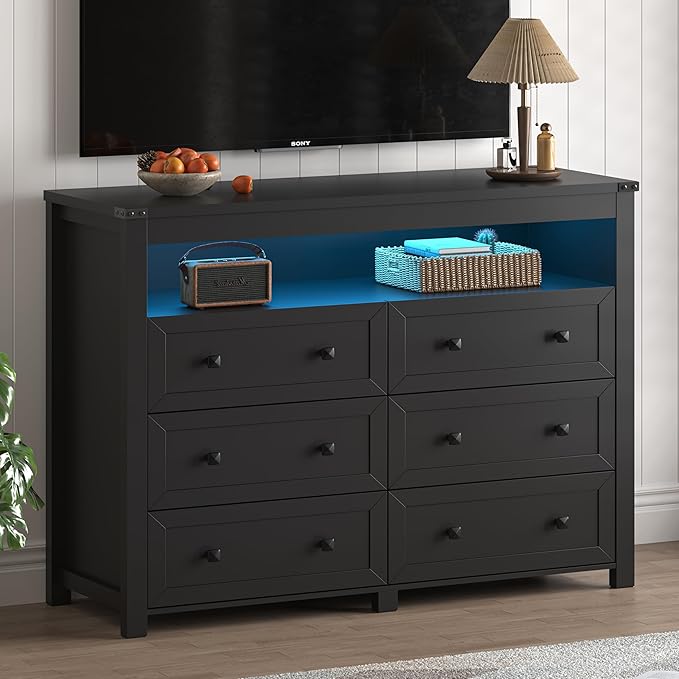 Dresser for Bedroom with 6 Drawers, Wide Chest of Drawers with LED Light and Power Outlet, Wooden Closet Organizer Clothes Storage Cabinet, Modern Double Dressers for Living Room, Hallway, Black