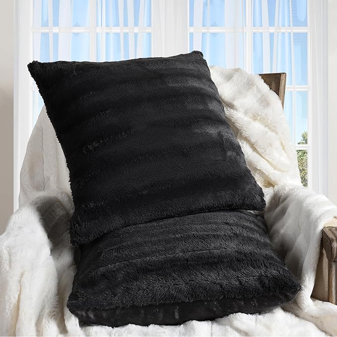Cheer Collection Faux Fur Throw Pillows - Decorative Pillows for Couch, Bed Throw Pillows, Black Accent Pillows for Bedroom or Living Room Aesthetic, Set of 2 Furry Throw Pillows, 20" x 20"