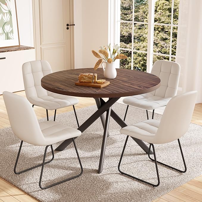 45.3 Inch Round Dining Table Set for 4, Mid Century Modern Small Coffee Set for Dining Room Kitchen Apartment (Dark Walnut Table + 4 U-Shaped White Chairs)