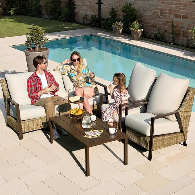 4 Piece Patio Furniture Set, All-Weather Wicker Outdoor Conversation Set with 4.72" Olefin Thick Cushions – 3-Seat Sofa, 2 Armchairs & Coffee Table for Deck, Porch, Balcony, Backyard, Beige
