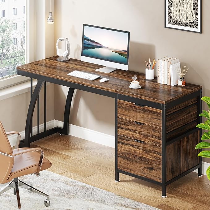 Tribesigns Computer Desk with 3 Drawers, 59-Inch PC Desk with Reversible Drawers, Industrial Study Writing Table Workstation with File Storage for Home Office, Rustic Brown