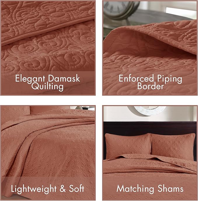 Madison Park King Quilt Set Reversible Damask Quilted Coverlet for King Size Bed, Cotton-Filled Quilts, All Season, Lofty & Warm Bedspread, Quebec, King Clay Red 3 Piece