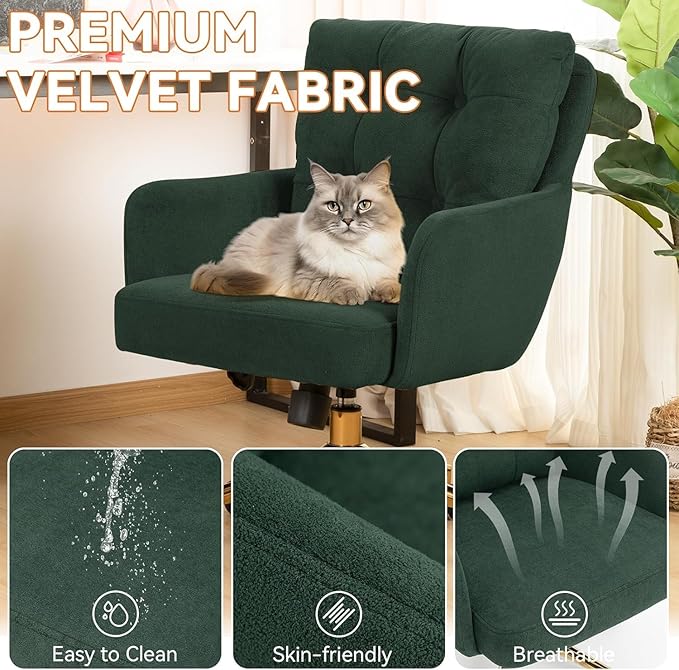 Plush Fabric Office Chair, Comfy Home Office Desk Chairs with Lumbar Support, Modern Plush Fabric Desk Chair Gold Legs Swivel Task Chair for Home Office, Bedroom, Study, Green Upgraded Version