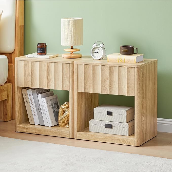 Fluted Dresser, Small Nightstands Set of 2, Natural Bedside Table with Drawer and Storage, Mid Century Modern Side Table for Bedroom Living Room Sofa