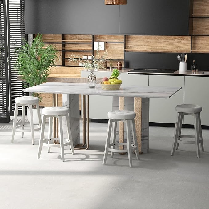 COSTWAY 360° Swivel Bar Stools Set of 2, 30-inch Height Vintage Upholstered Rubberwood Backless Bar Chairs with Footrest, Retro Kitchen Counter Stools for Kitchen Island Dining Room Home Bar, White