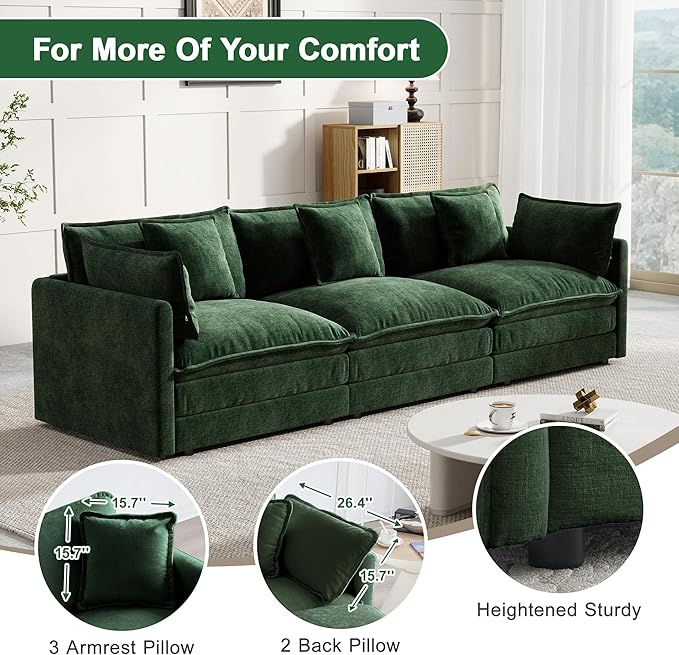 Modular Sectional Sofa, 111.5 Inch I-Shaped Cloud Sofa with Deep Seat Chenille Sofa with Cushions, Three-Self Sectional Sofa for Living Room Apartment,Evergreen