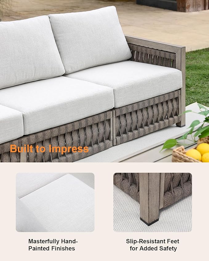 3 Seats Outdoor Sofa, Aluminum Patio Sofas with Washable Cushions, 3-Seater Rope Weave Outside Patio Couch, Deep Seating Outdoor Sofa Furniture for Garden, Decks, Porch, Balcony, Gray Oak