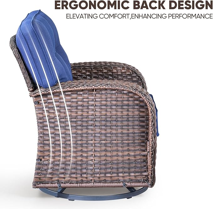 5-Piece Rotating Balcony Chair Set with 31-inch T-Shaped Wide backrest - Rattan Outdoor Rotating Balcony Chairs, Wide backrest Comfortable Outdoor Sliding Chair - Brown | Blue