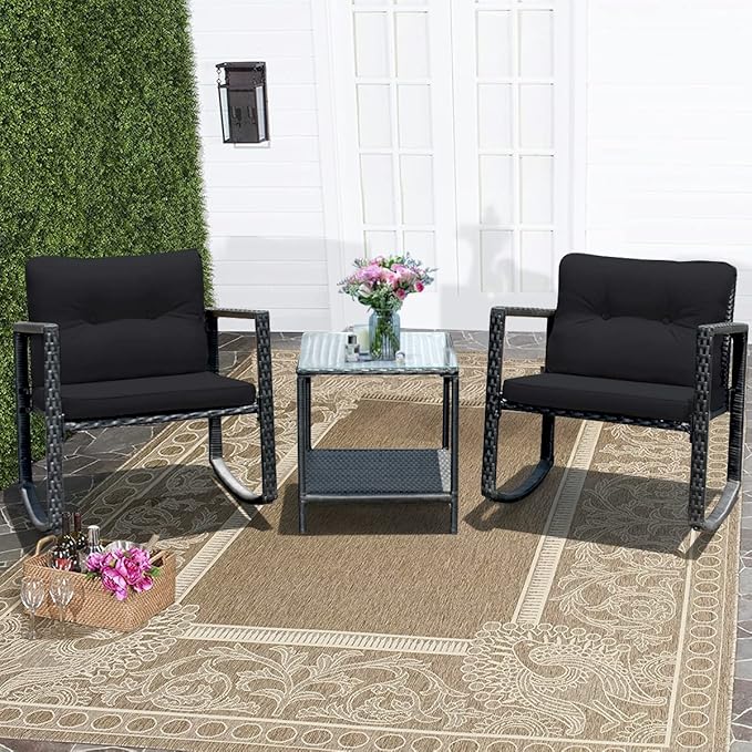 COSTWAY 3 Pieces Patio Rattan Rocking Chair Set, Outdoor Conversation Furniture Sets with Coffee Table, Storage Shelf and Cushions, Modern Bistro Set for Porch, Backyard, Garden, Black