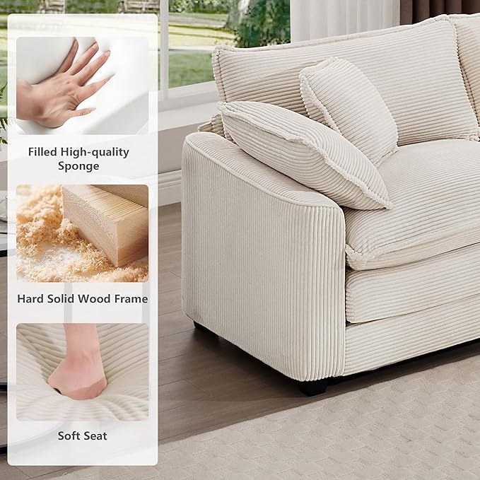 mikibama Luxury 2 Piece Sofa Set, 3-Seater & Loveseat Couch Set, Modern Corduroy Comfy Cloud Couches Set for Living Room Office with 4 Armrest Pillows and 5 Toss Pillows, Beige