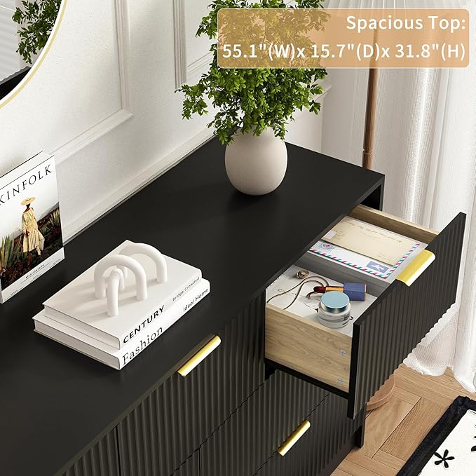 7 Drawers Dresser for Bedroom,55" Wide Fluted Dresser with Deep Drawers, Modern Chest of Drawers, Wood TV Stand Storage Organizer for Closet, Living Room, Hallway, Black