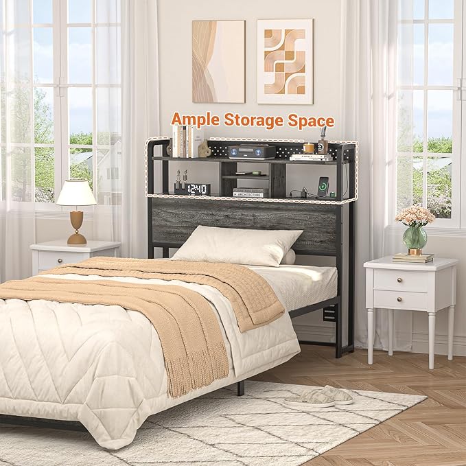Unikito Headboard for Twin Size Bed with Storage Shelf, Head Board with 3 Outlets and 2 USB Ports, Headboards with RGB LED Light, Height Adjustable, Sturdy and Stable, Easy Assembly, Black Oak