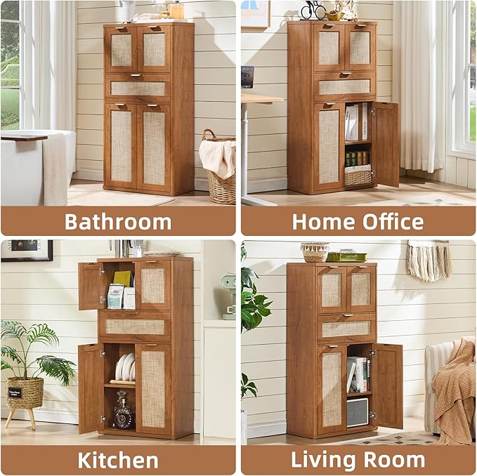 LEYAOYAO 48" Tall Storage Cabinet Set of 2,Rattan Bathroom Floor Cabinets with 4 Doors & 1Drawer,Boho Kitchen Pantry with Adjustable Shelves,Wooden Cupboard for Living Room,Home Office,Brown