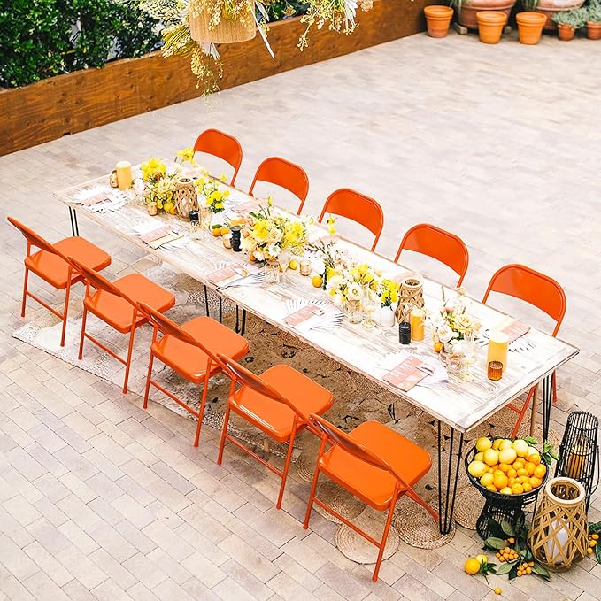 VINGLI Folding Chairs All Steel Metal Frame, Capacity 350 lbs, Durable Portable and Versatile for Indoor Outdoor Use, Orange, Set of 4