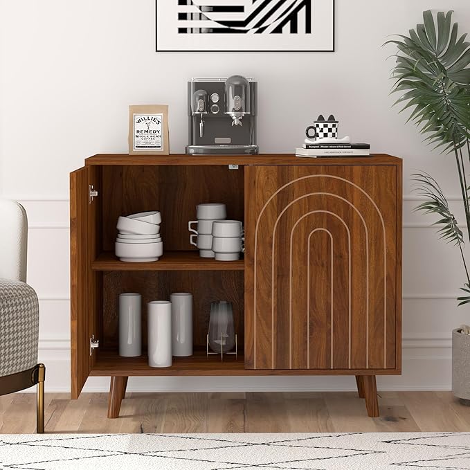 Accent Cabinet with Carving Lines, Modern Buffet Sideboard with Adjustable Shelves, Decorative Storage Cabinets for Bedroom Living Room Kitchen Office and Hallway (Walnut, 1)