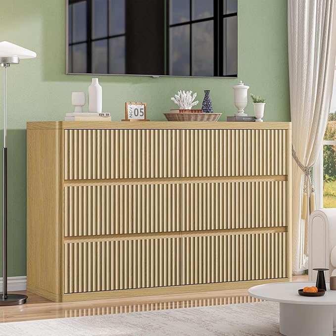 Fluted Dresser with 6 Drawers for Bedroom, 48" Wide Wooden Chest of Drawers with Natural Curved Profile Design, Modern Dresser TV Stand, Wood Closet Clothes Storage Organizer