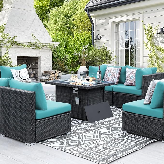 NICESOUL Extra-Large 9 Pcs Outdoor Patio Furniture Set with Fire Pit Table Natural Gas/Propane, 29.3'' High Back Deep Wide Modular Sofa Conversations with Fireplaces, 2 Color Cushion Teal Blue & Grey