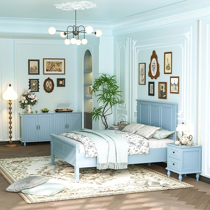 Scurrty Antique Style Wood Headboard Queen Size, Modern Headboard with Vintage Wood Frame, Bedroom Furniture (Blue)