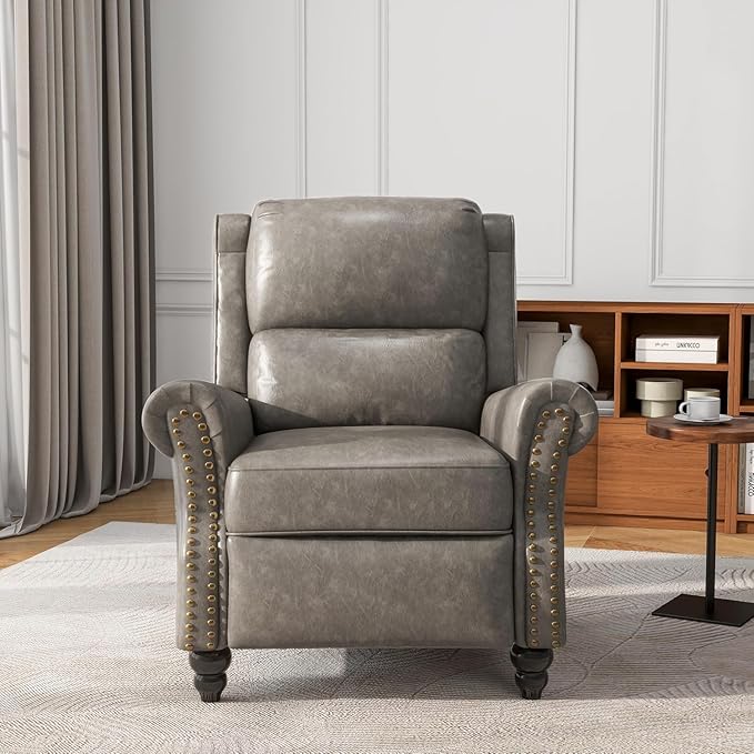 UIXE PU Leather Pushback Recliner Chairs Set of 2, Overstuffed Armchair Push Back Accent Chair for Living Room, Rivet Trim Club Chair Home Theater Single Sofa Bedroom Side Reading Seat - Gray