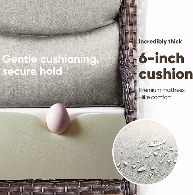 Swivel Patio Chairs Sofa Set of 6 with 6" Thick Cushion - Wicker Outdoor Swivel Rocker Patio Chair,Sofa/Glass Coffee Table, High Back Comfortable Outdoor Glider Chairs - Brown Wicker | Beige Cushions
