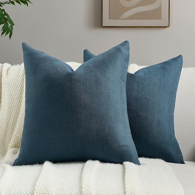 FUTEI Navy Blue Chenille Throw Pillow Covers 20x20 Inch Set of 2,Soft Wide Chevron Textured Cushion Case,Farmhouse Home Decor for Couch Bed Living Room