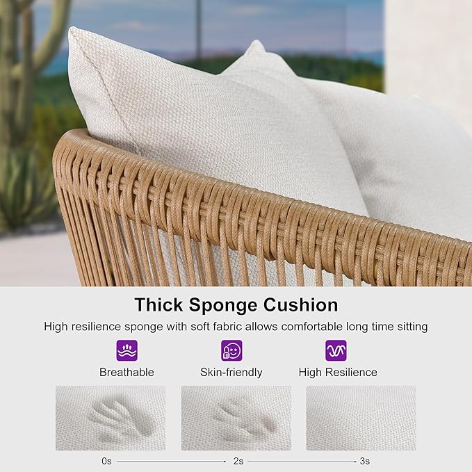 PURPLE LEAF 4 Pieces Patio Conversation Set Outdoor Wicker Furniture with Aluminum Table and Rattan Chairs Sofa Cushions Included for Porch Backyard Garden Balcony Teak