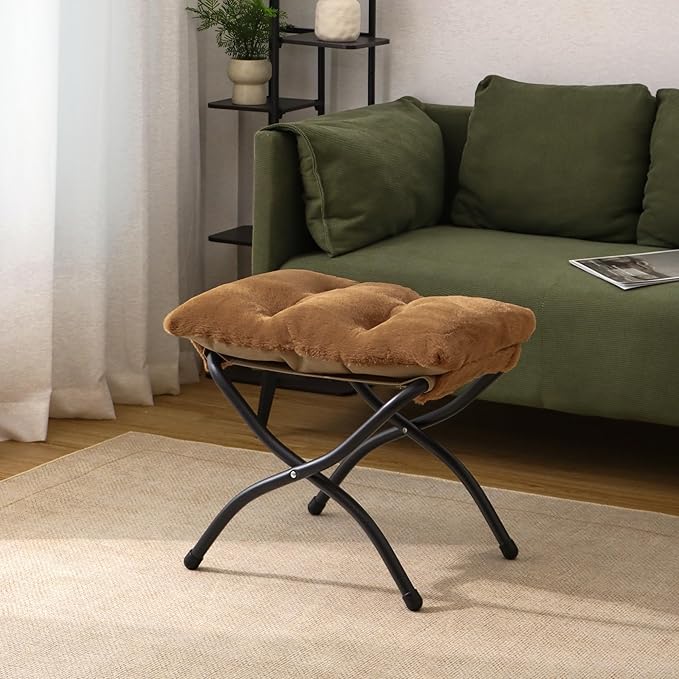 15"(H) Folding Ottoman, Set of 2, Foldable Footrest Stool, Small Foot Stool for Couch, Collapsible Foot Rest Ottoman for Sofa, Accent Padded Ottomans for Living Room, Bedroom, Brown