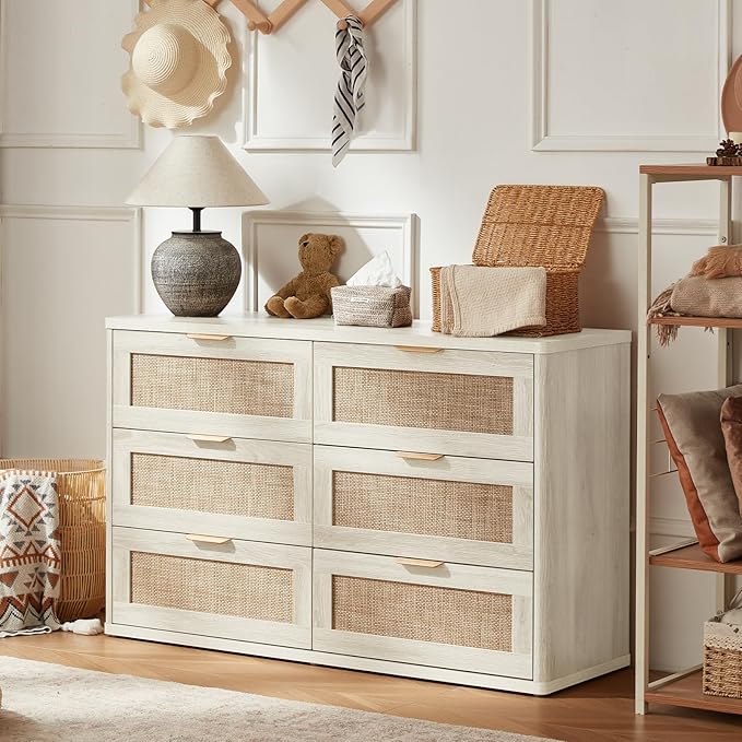 LEYAOYAO Rattan 6 Drawer Dresser for Bedroom, Boho 48" Wide White Dresser Chest of Drawers, Dressers TV Stand with Metal Handle, Storage Dressers Closet Organizer for Living Room, Hallway