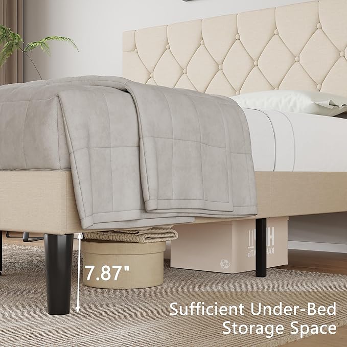 VECELO Full Size Bed Frame with Button Tufted Headboard, Upholstered Platform with Wooden Slat Support, No Box Spring Needed, Cream Beige
