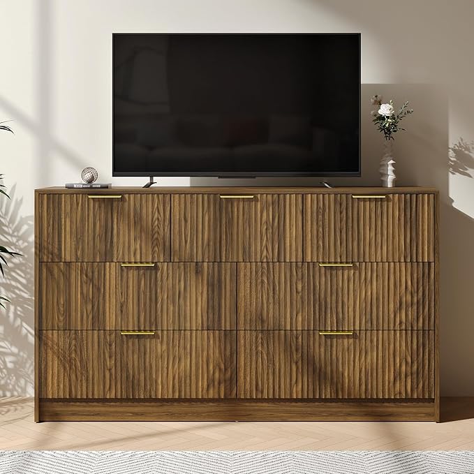 Walnut Fluted 7 Drawer Dresser Bedroom,55” Wide Mid Century Wood Dresser with Gold Handles, Chest of Drawer Wooden TV Stand for Closet,Bedroom,Living Room,Walnut
