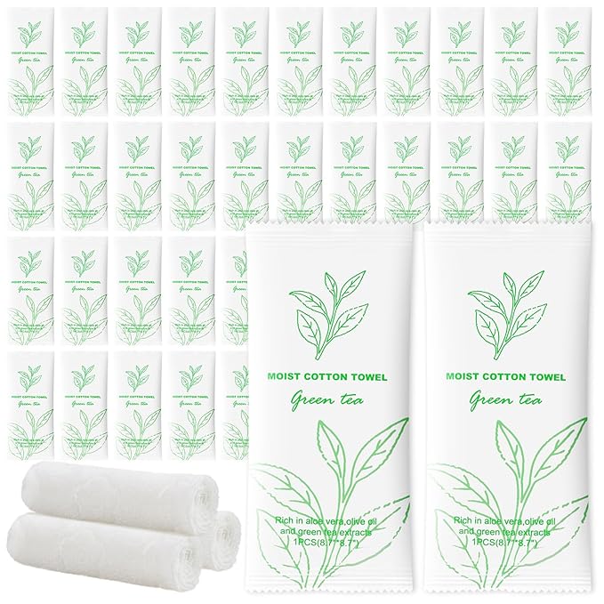 Moist Cotton Towel Bulk Moist Towelettes Individually Wrapped,White Towel Services,Refreshment Pre Moistened Towels for Dentist Travel Sport Party Hotel 200，Green tea