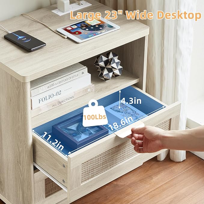LEYAOYAO Rattan Nightstands Set of 2 with Charger Station, 23" Wide Boho Night Stand with 2 Drawers, Grey White Bedside Table Open Shlef, Bed Side End Table Dresser for Bedroom, Living Room Hallway