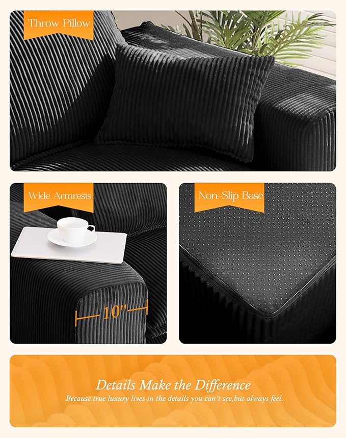 137" Comfy Cloud Couch with U-Shape Chaise & Deep Seat, Modular Sectional Sofa in a Box, Boneless Upholstered Couches for Living Room, No Assembly Required (Soft Corduroy, Black)
