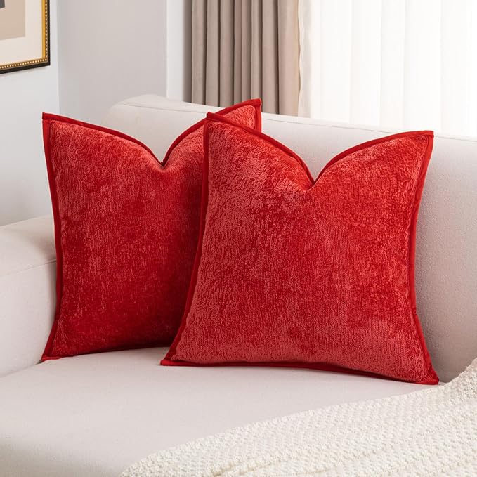 FUTEI Christmas Red Chenille Throw Pillow Covers 16x16 Inch Set of 2,Soft Cozy Bound Edge Design Cushion Case,Home Decor for Couch Bed Living Room