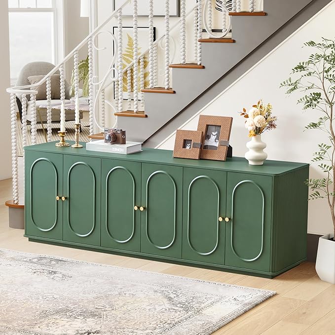 63'' Fluted Sideboard Buffet Cabinet with Storage and 6 Doors, Low Storage Cabinet Modern Wooden Accent Credenza Console Table for Kitchen Dining Living Room Entryway, (63"W*15.75"D*21.4"H) Green