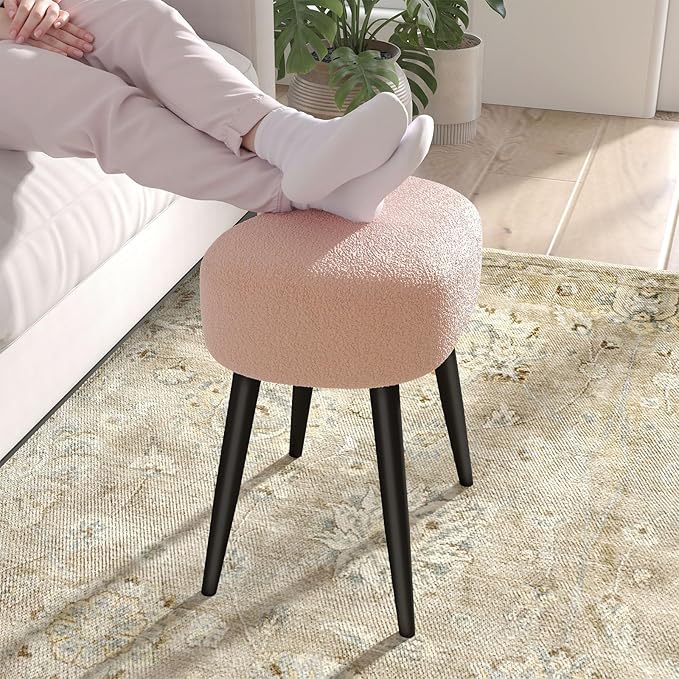 White Vanity Stool, Soft Makeup Stool with Solid Metal Legs for Vanity Corner, Morden Footrest Easy to Assembly (Pink)